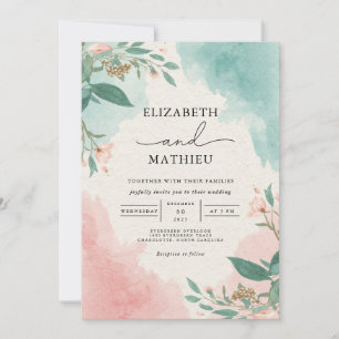 Airy Coral Teal Watercolor Arch Wedding Invitation