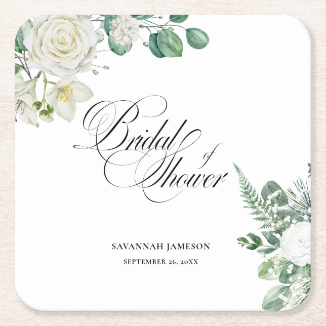 Airy Eucalyptus Greenery Bridal Shower Square Paper Coaster (Front)