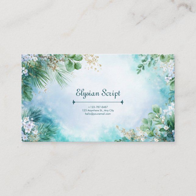 Airy Eucalyptus Teal and Gold Botanical Business Card (Front)