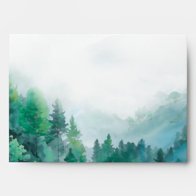 Airy Green and Blue Watercolor Mountains Wedding Envelope (Front)