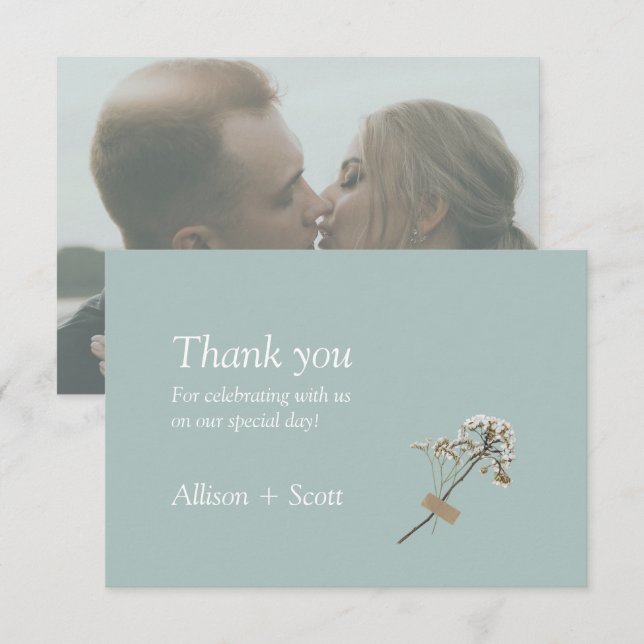 Airy Green Minimalist Photo Hand Press Floral  Thank You Card (Front/Back)
