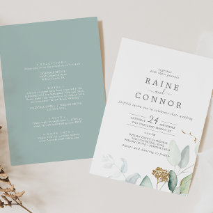 Airy Greenery and Gold Leaf All In One Wedding Invitation