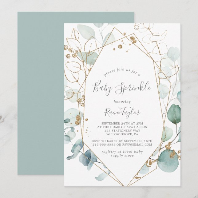 Airy Greenery and Gold Leaf Baby Sprinkle Invitation (Front/Back)