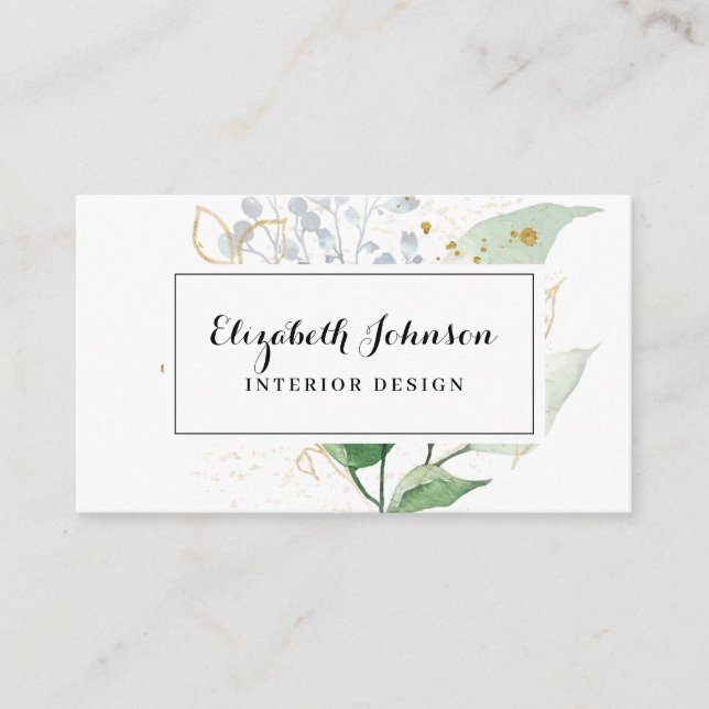 Airy Greenery and Gold Leaf Business Card (Front)