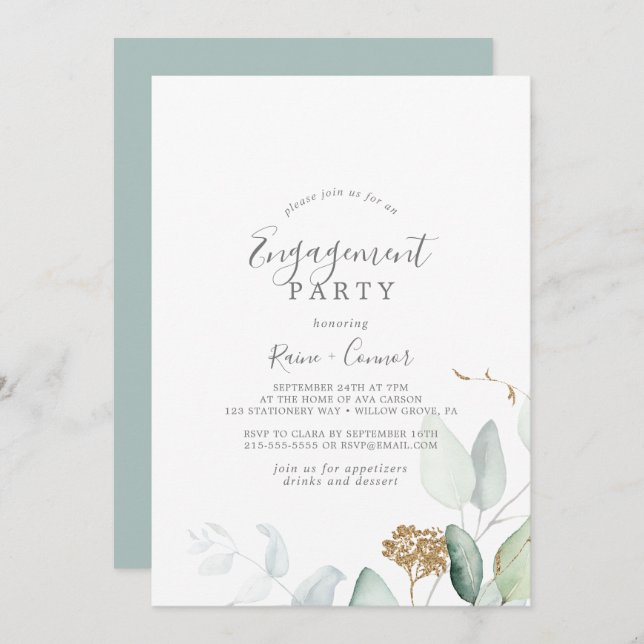 Airy Greenery and Gold Leaf Engagement Party Invitation (Front/Back)