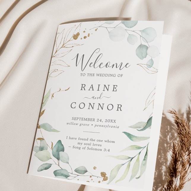 Airy Greenery and Gold Leaf Folded Wedding Program (Creator Uploaded)