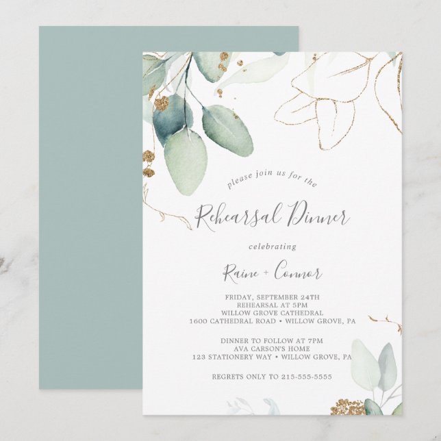 Airy Greenery and Gold Leaf Rehearsal Dinner Invitation (Front/Back)