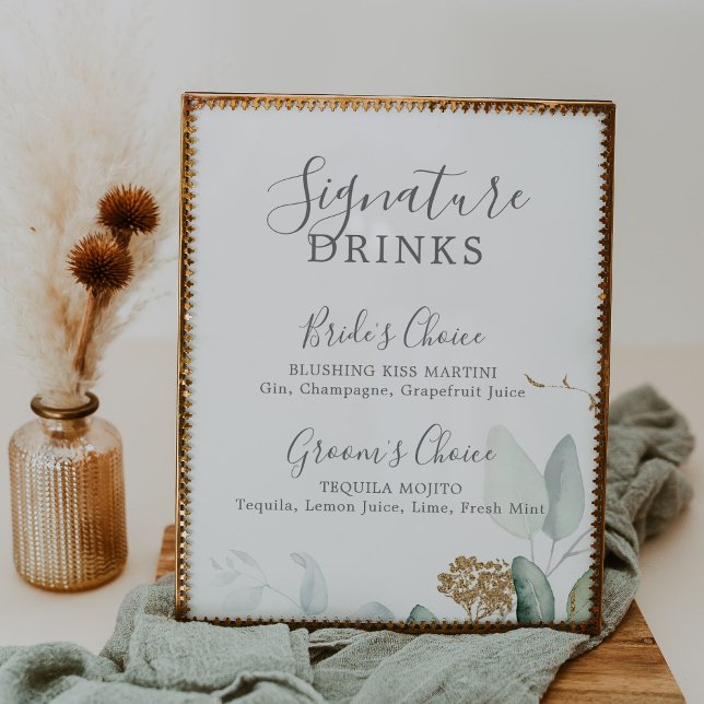 Airy Greenery and Gold Leaf Signature Drinks Sign (Creator Uploaded)