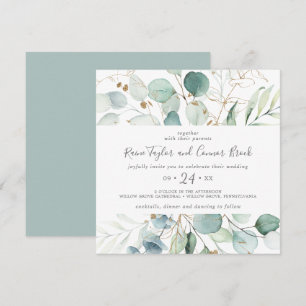 Airy Greenery and Gold Leaf Square Wedding Invitation