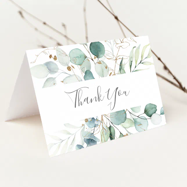 Airy Greenery and Gold Leaf Thank You Card | Zazzle