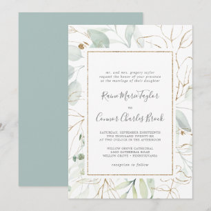 Airy Greenery and Gold Leaf Traditional Wedding Invitation
