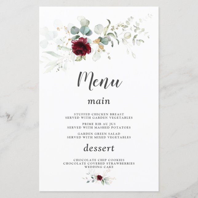 Airy Greenery Burgundy Floral Gold Mariage Menu (Devant)