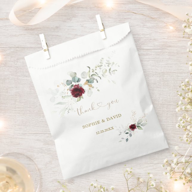 Airy Greenery Burgundy Floral Gold Wedding  Favour Bag (Clipped)