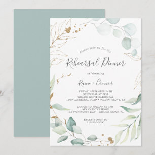 Airy Greenery & Gold Leaf Wreath Rehearsal Dinner Invitation