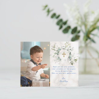 Airy Greenery Marble Photo Boy Gold Baptism Thank You Card