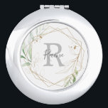 Airy Greenery Name and Initial Bridesmaid Gift Compact Mirror<br><div class="desc">This airy greenery name and initial bridesmaid gift compact mirror is perfect for a modern wedding. The elegant botanical design features light and airy watercolor eucalyptus accented with whimsical gold glitter leaves. Personalize the mirror with your bridesmaids first name and first initial monogram.</div>