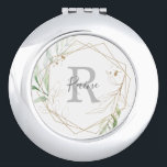 Airy Greenery Name and Initial Bridesmaid Gift Compact Mirror<br><div class="desc">This airy greenery name and initial bridesmaid gift compact mirror is perfect for a modern wedding. The elegant botanical design features light and airy watercolor eucalyptus accented with whimsical gold glitter leaves. Personalize the mirror with your bridesmaids first name and first initial monogram.</div>