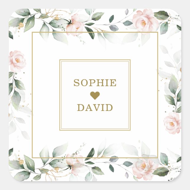 Airy Greenery Pink Floral Wedding Envelope Seals (Front)