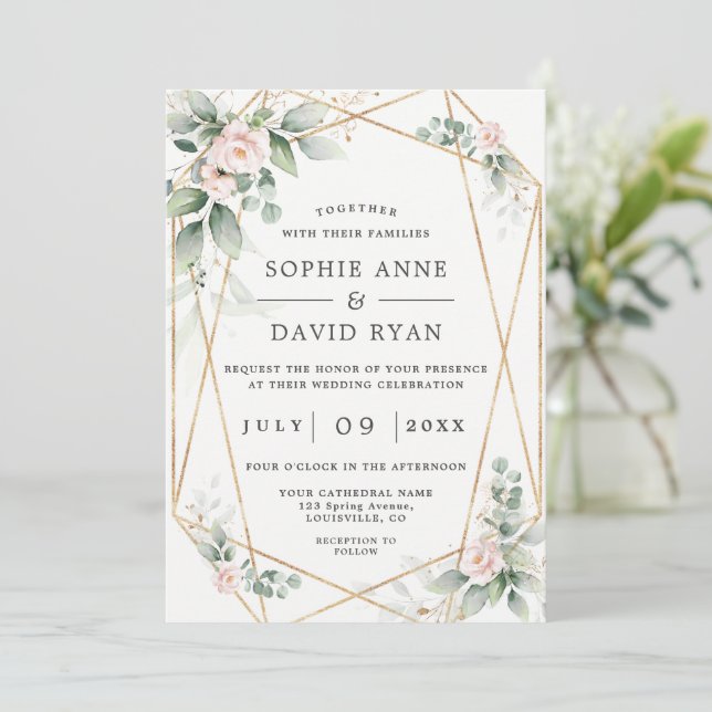 Airy Greenery Pink Flowers Gold All In One Wedding Invitation (Standing Front)
