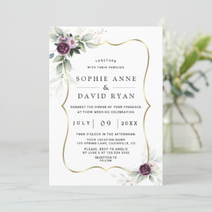 Airy Greenery Purple Pink Flowers Gold Wedding  Invitation