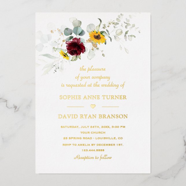 Airy Greenery Sunflowers Burgundy Gold Wedding (Front)