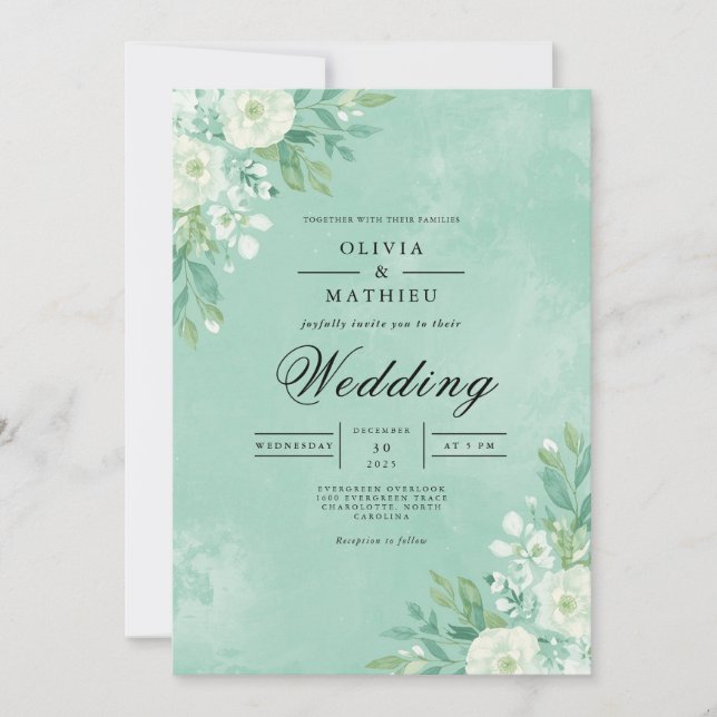 Airy Mint Floral Botanical Wedding Invitation (Front)