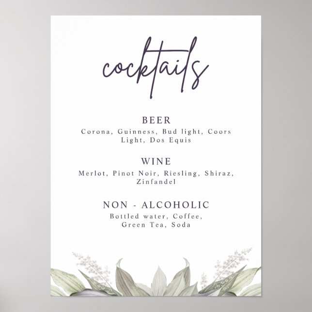 Airy Purple and Green Floral, Party Drink Menu Poster (Front)