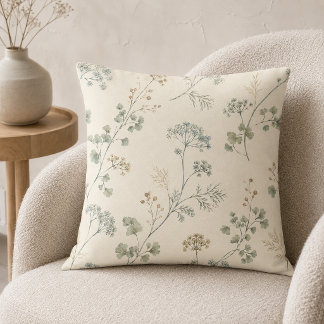 Airy Sage Fern Watercolor Botanical Throw Pillow