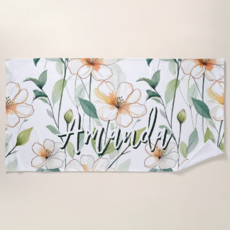 Airy White Flowers Greenery Pattern Blossom Floral Beach Towel