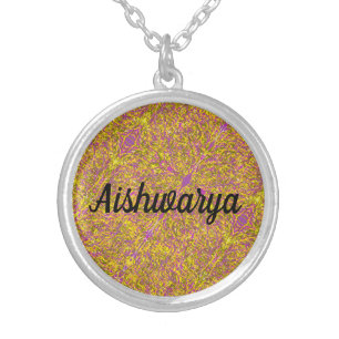 Aishwarya name cursive abstract art background silver plated necklace