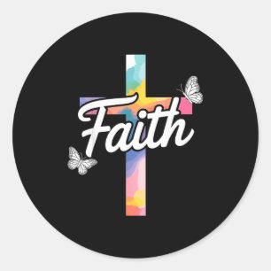 Aith Cross With Butterflies Christian  Classic Round Sticker