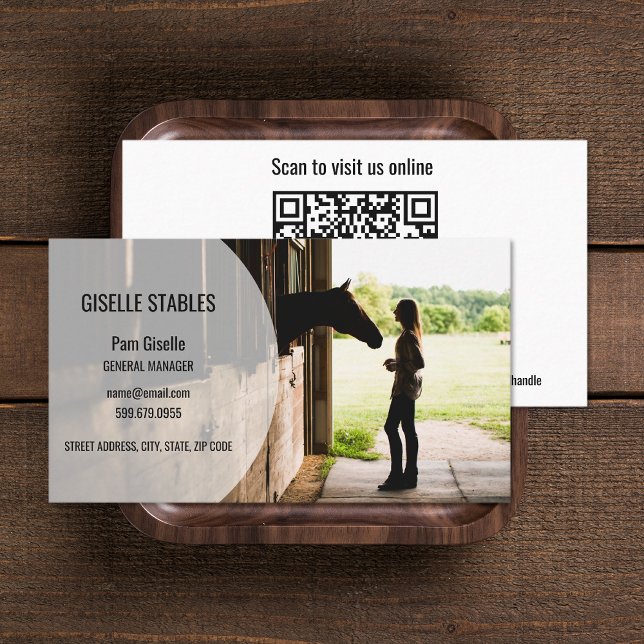 Ajouter Photo Horse équestre QR Code Cartes de vis (Add Photo Horse Equestrian QR Code Business Cards (front and back))