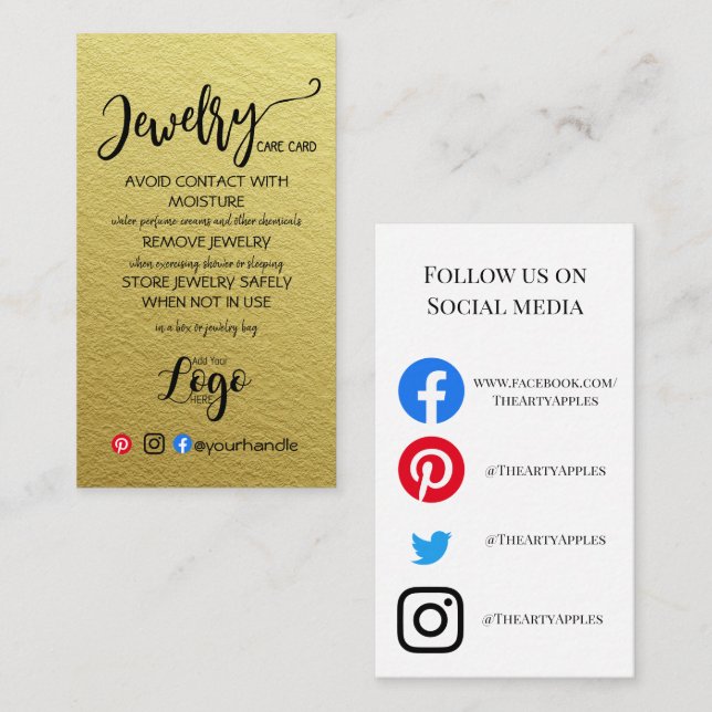 AJOUTER VOTRE LOGO CARTES DE SOINS DE BIJOUX PETIT (Devant / Derrière)