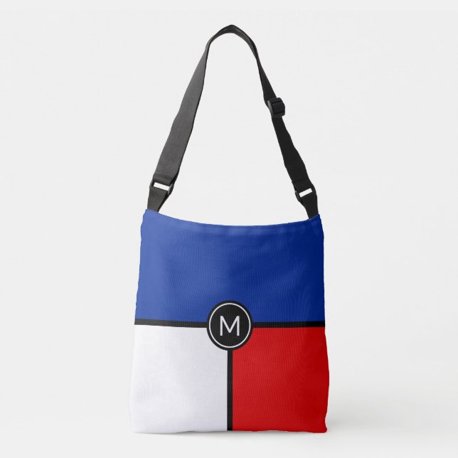Ajustable Monogramme sur sac croisé bleu, rouge et blanc (Devant)