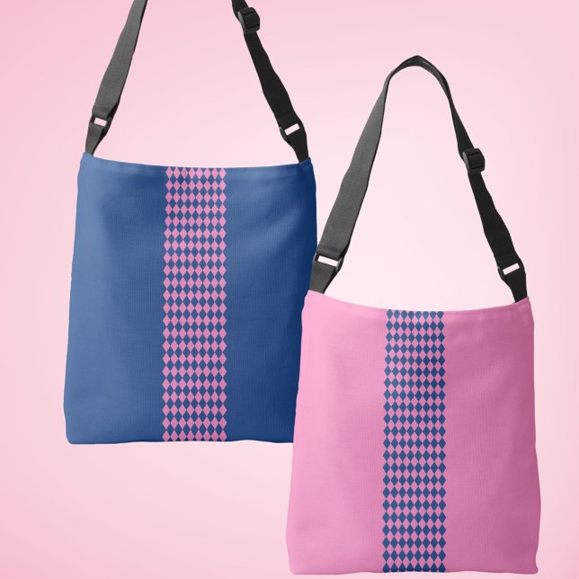 Ajustable Sac carrossable bleu et rose diamant (Two looks one chic bag. French blue and pink diamond stripe cross body bag)