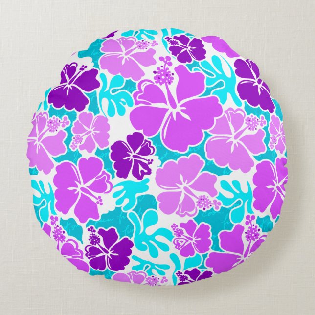 Akahai Hawaiian Hibiscus Tropical Floral Round Pillow (Front)