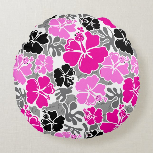 Akahai Hawaiian Hibiscus Tropical Floral Round Pillow (Front)