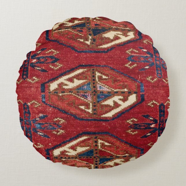 Akhal Oasis Red Stars Blue Star Medallion  Round Pillow (Front)