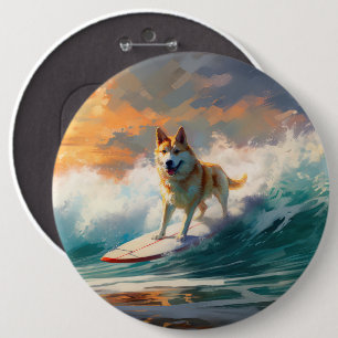 Akita Beach Surfing Painting 6 Inch Round Button
