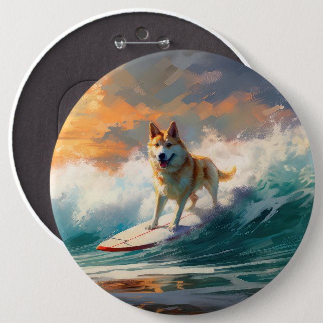 Akita Beach Surfing Painting 6 Inch Round Button (Front & Back)
