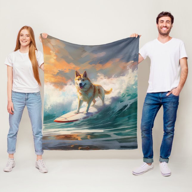 Akita Beach Surfing Painting Fleece Blanket (In Situ)