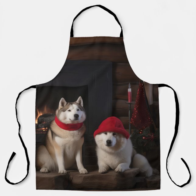 Akita by the Fireplace Christmas  Apron (Front)