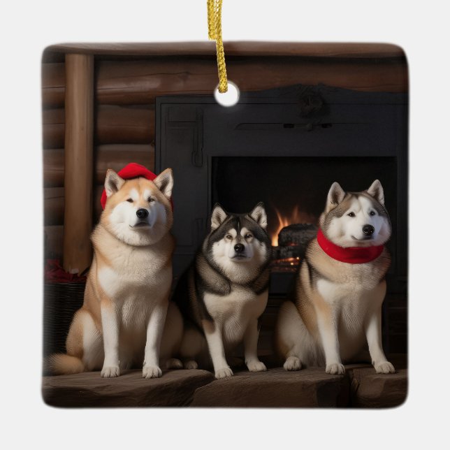 Akita by the Fireplace Christmas  Ceramic Ornament (Front)