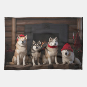 Akita by the Fireplace Christmas  Kitchen Towel