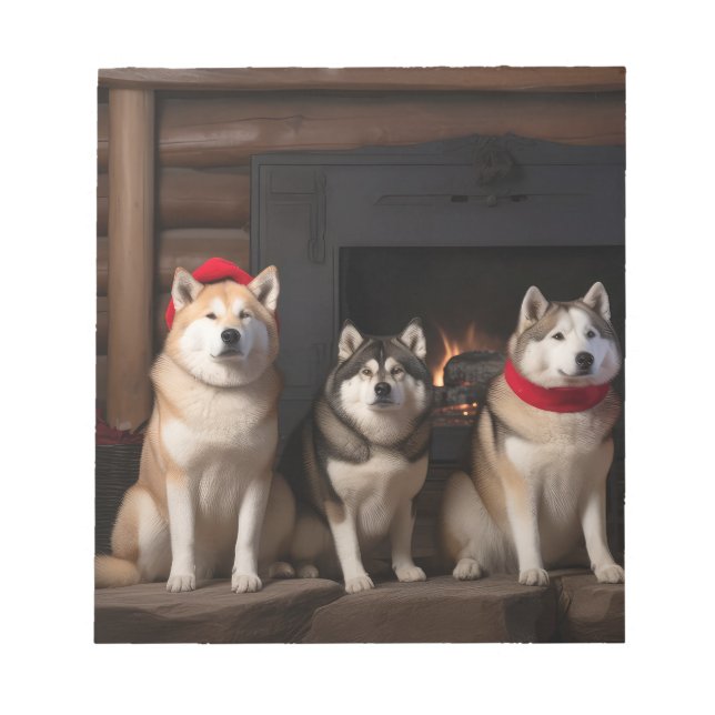 Akita by the Fireplace Christmas  Notepad (Front)