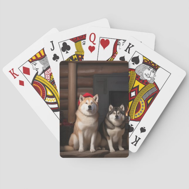 Akita by the Fireplace Christmas  Playing Cards (Back)