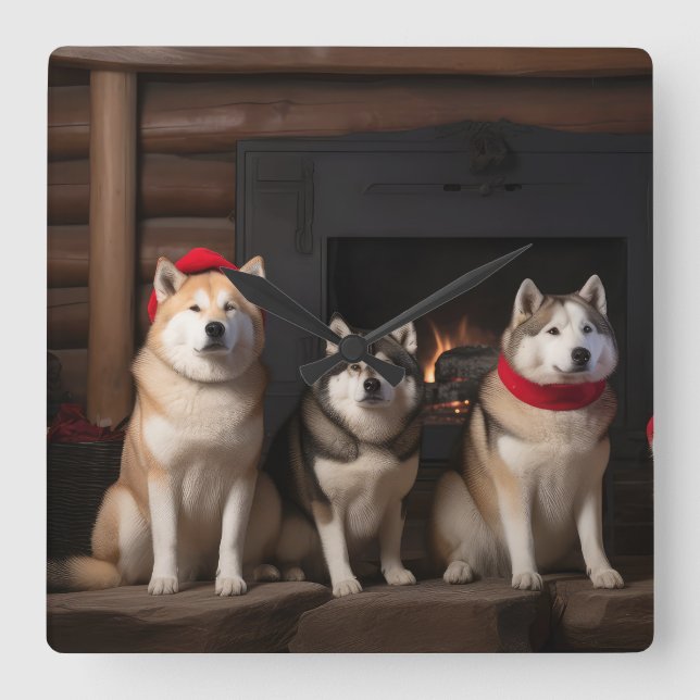 Akita by the Fireplace Christmas  Square Wall Clock (Front)
