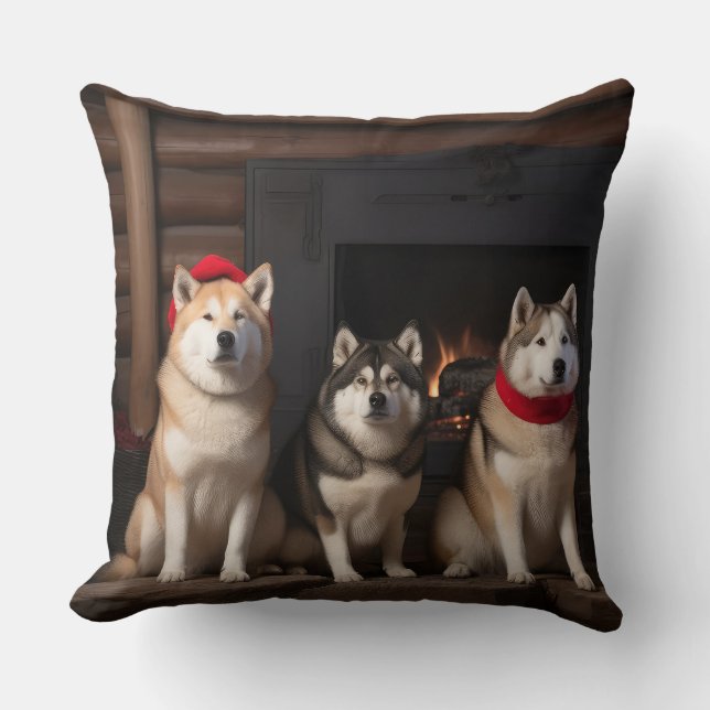 Akita by the Fireplace Christmas  Throw Pillow (Front)
