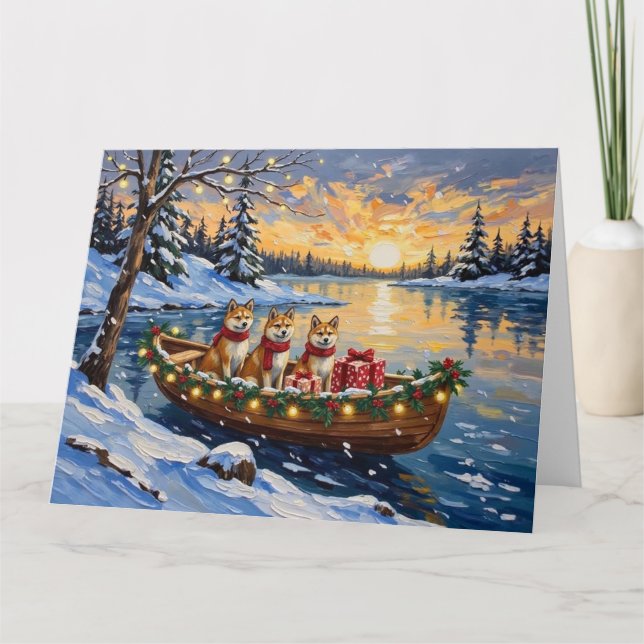 Akita Christmas Boat Holiday Card (Front)
