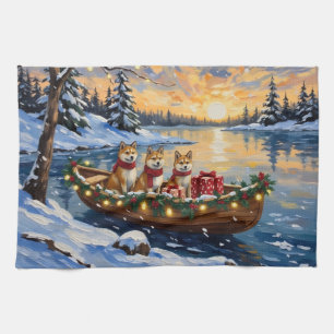 Akita Christmas Boat Holiday Kitchen Towel